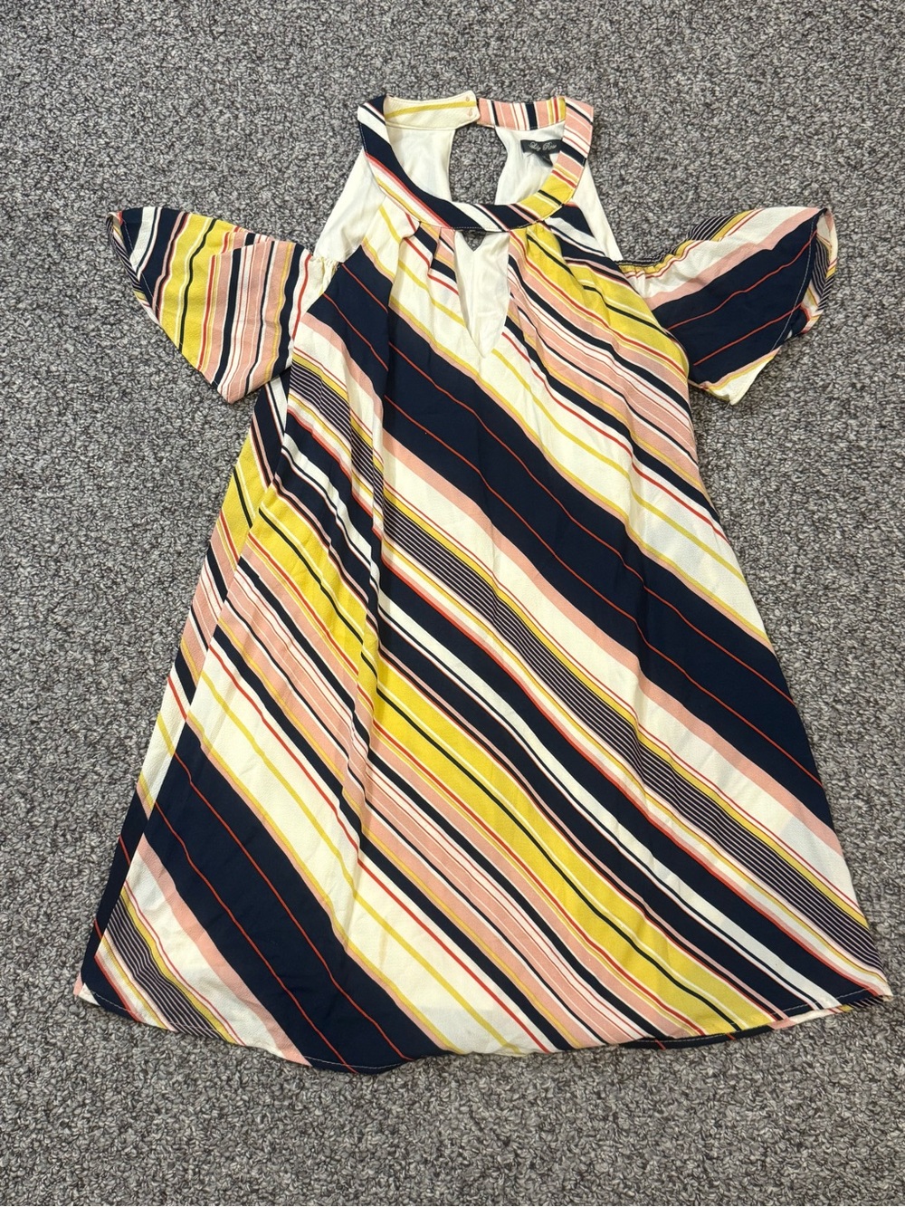 Striped Cold-Shoulder Shift Dress in Yellow and Navy - Picture 2 of 6